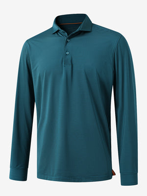 Front 3D view of Long sleeve pinstripe jersey polo in turquoise stripe with sharp stripe pattern