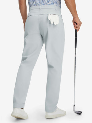 Model holding a golf club with one hand, back lower body shot wearing light gray thermal water repellent fleece dress pants