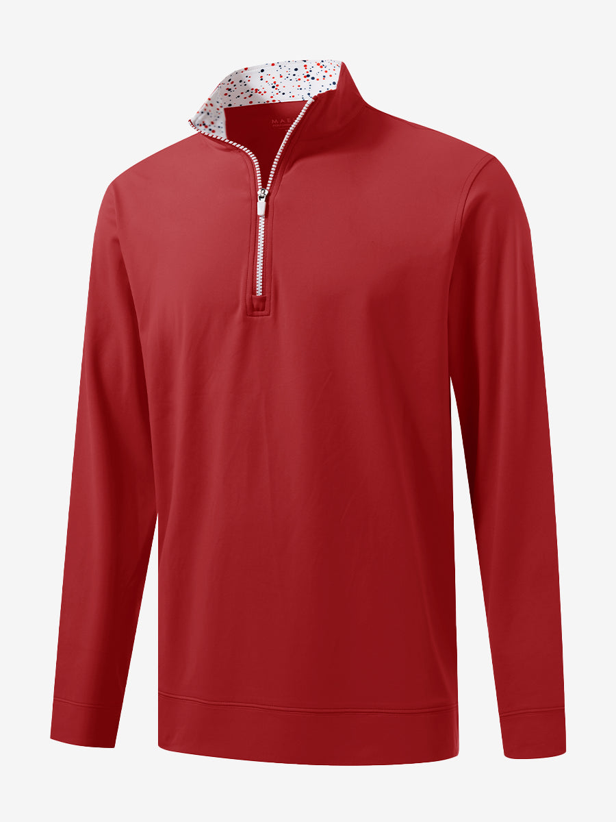 3D front view of the lightweight golf quarter zip pullover in red, clean and athletic design.