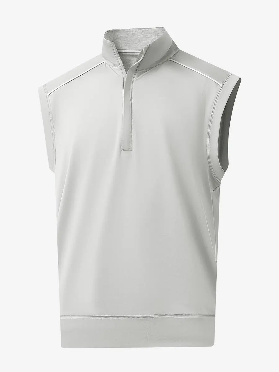 3D view of TAUPE Stretch Solid Fleece Quarter-Zip Vest showing fit and texture.								

