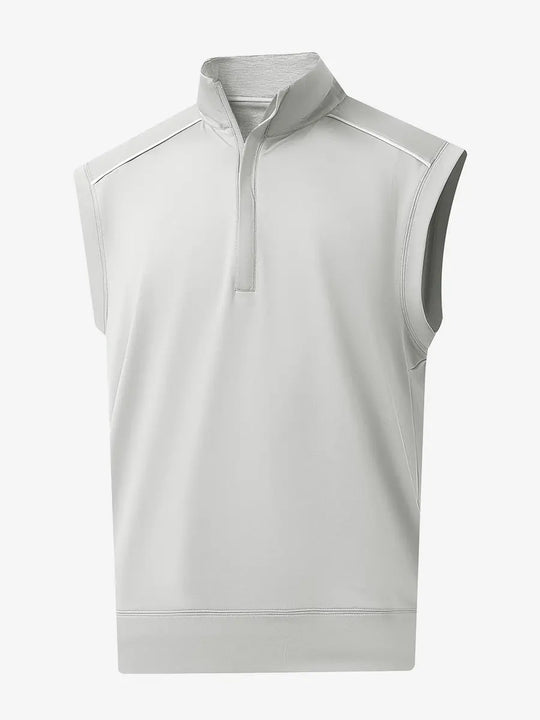 3D view of TAUPE Stretch Solid Fleece Quarter-Zip Vest showing fit and texture.								
