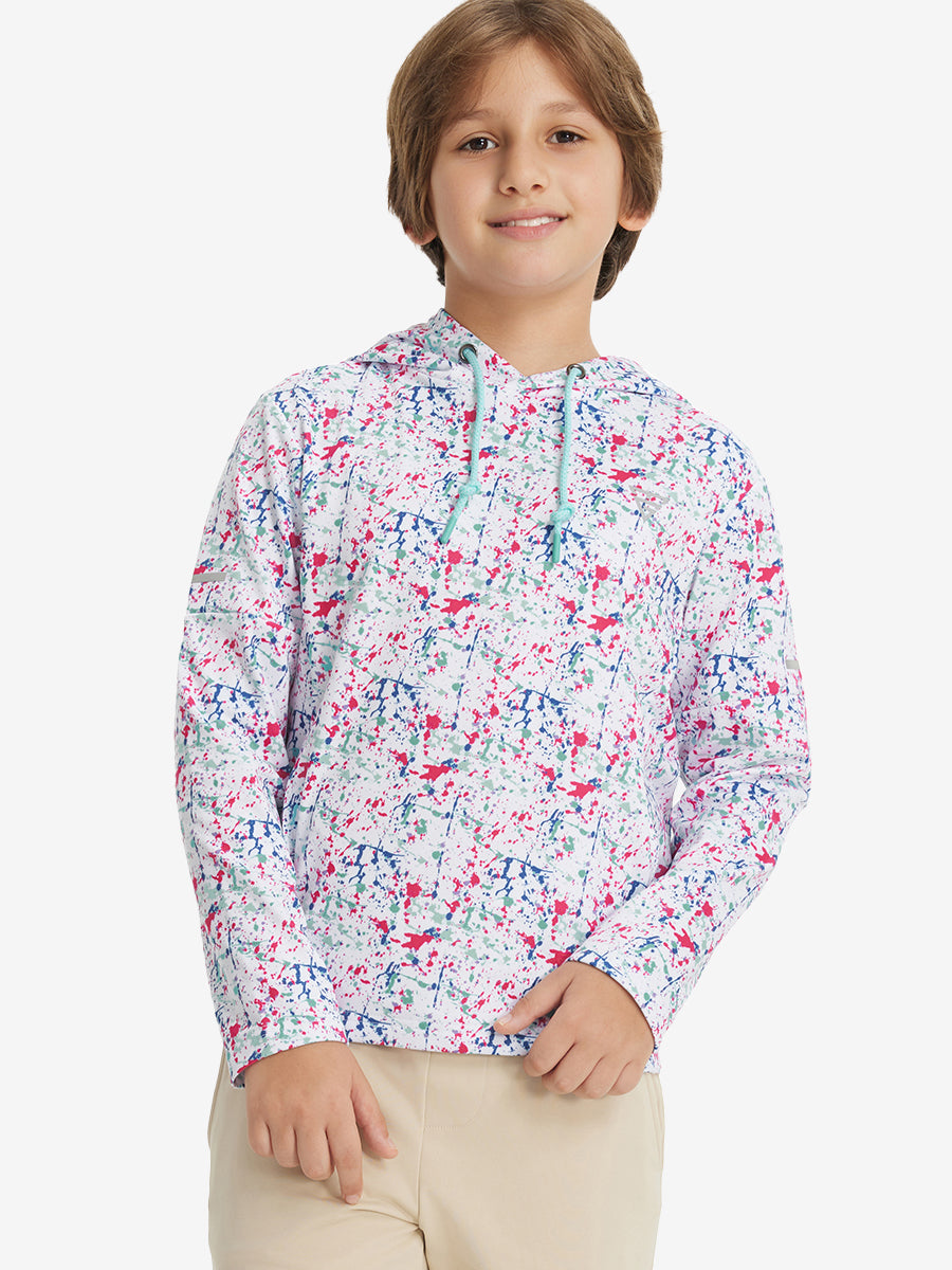 Model front upper body with one hand in pocket, stylish youth full print hoodies pullover in white painting.
