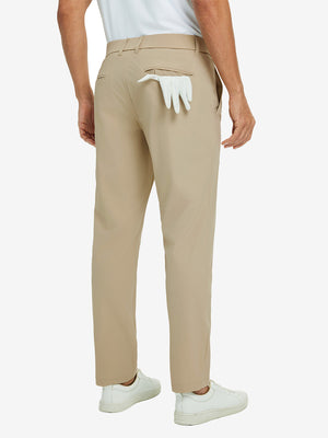 Back view of khaki quick dry casual dress pants, golf glove tucked in rear pocket for sporty touch.