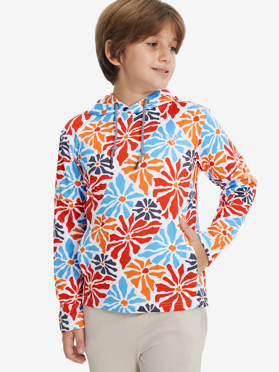 Model front upper body with one hand in pocket, stylish youth full print hoodies pullover in colorful flower.