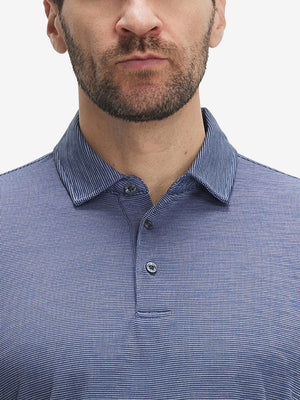 Front view from nose to chest of model wearing light dark blue grid ultra-light quick dry moisture wicking collared polo shirt