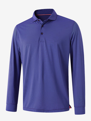 Front 3D view of Long sleeve pinstripe jersey polo in plum blue stripe with sharp stripe pattern