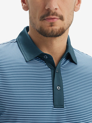 Close-up: nose to chest in blue denim stripe upgraded two-tone striped quick dry polo shirt