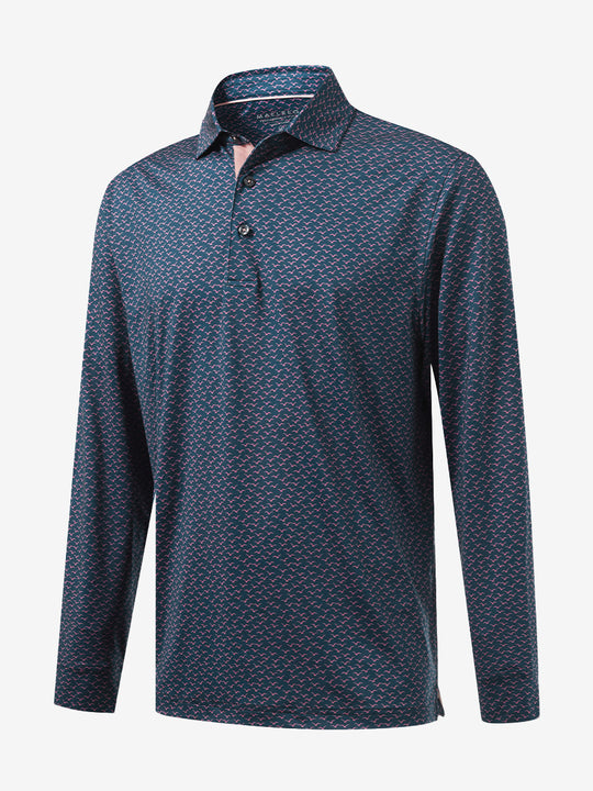 3D front view of the lightweight print long sleeve polo in navy pink seagull, modern and athletic design.