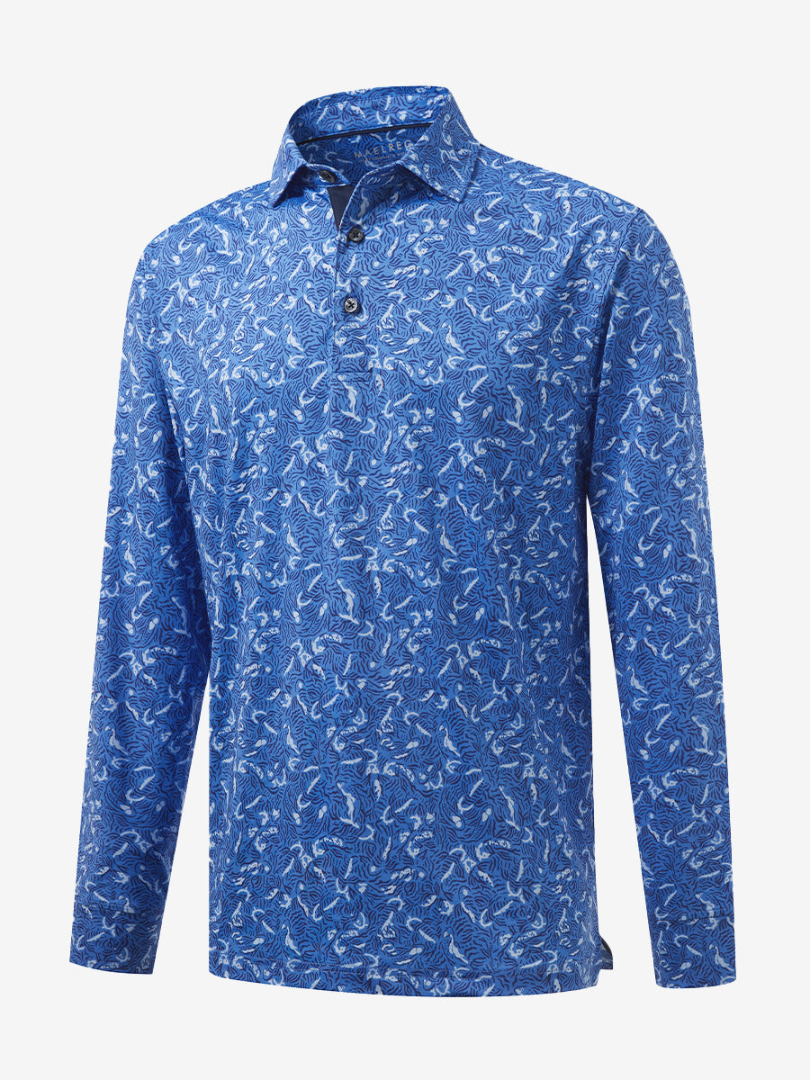 3D front view of the lightweight print long sleeve polo in line animal, modern and athletic design.