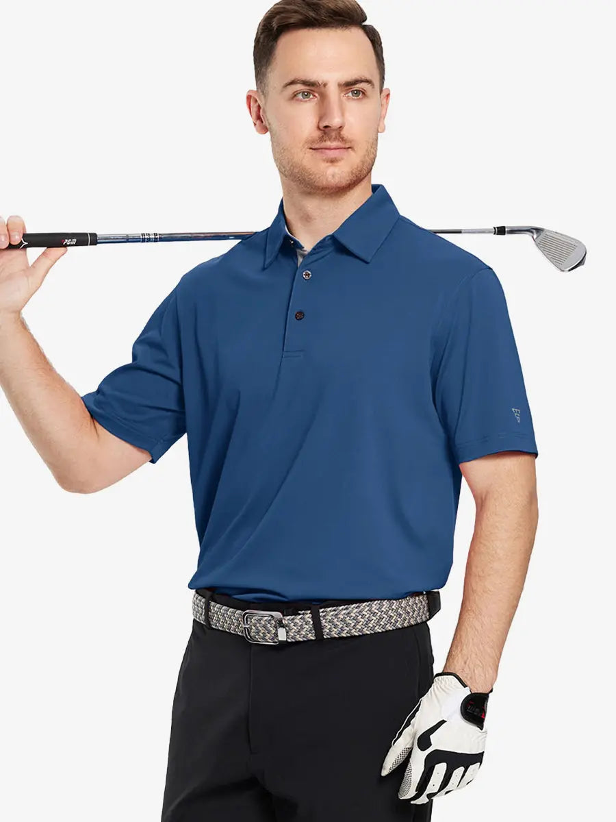 Half-body front pose with golf club in BLUE Ventilated Pique Performance Polo