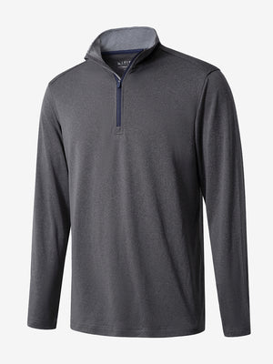 3D rendered display of the BLACK MELANGE Moisture Wicking Quarter Zip Pullover laid out in detail.