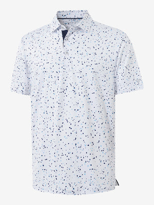 3D render of the blue navy dot 4 way stretch print collared polo shirt, displaying the garment structure and design clearly