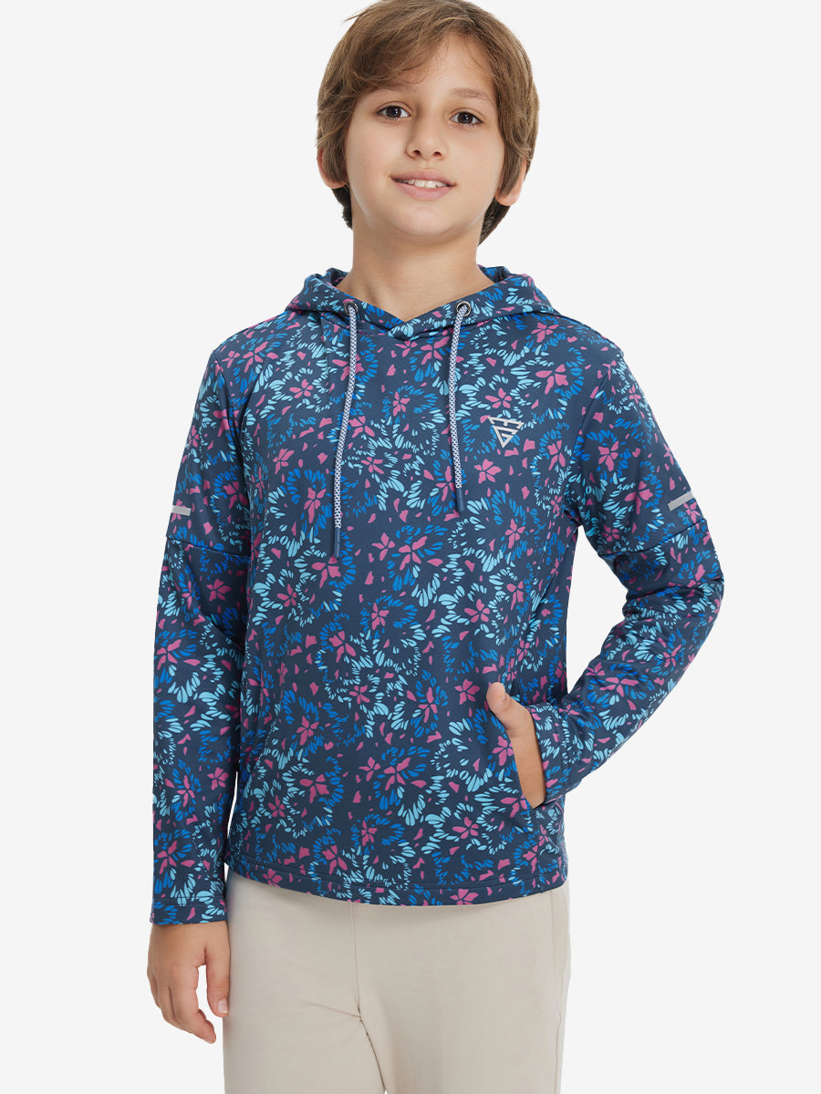 Model front upper body with one hand in pocket, stylish youth full print hoodies pullover in navy colorful flower.