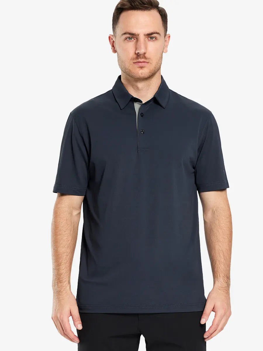 Half-body front pose with golf club in DARK GREY Ventilated Pique Performance Polo