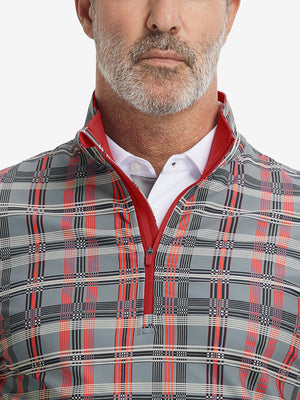 Close-up from nose to chest, showing zipper collar detail and fabric pattern of the red/black/white plaid pullover.