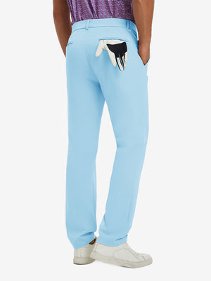 Back view of model wearing water-resistant golf stretch nylon pants, tailored stretch fit in light blue.