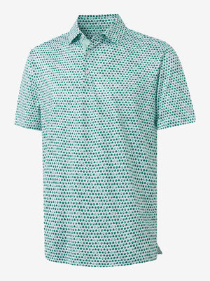 3D render of the green lucky clover 4 way stretch print collared polo shirt, displaying the garment structure and design clearly