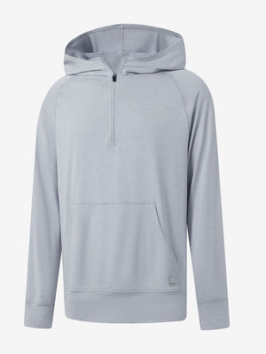 3D front view of the Quarter Zip Hoodie with Kangaroo Pocket in Faded Denim Heather, athletic casual style.