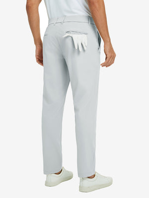 Back view of glacier grey quick dry casual dress pants, golf glove tucked in rear pocket for sporty touch.