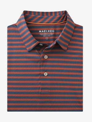 3D rendering of the Rusty Red Navy Yarn Dyed Stripe Polo highlighting the classic stripe texture