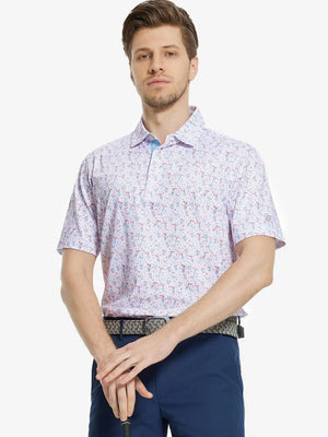 MAELREG Men's Performance Jersey Print Polo in Beverage Glass – front half-body with golf pose