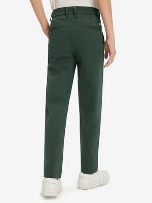 Boys Stretch Fleece Lined Casual Golf Pants in forest green, back lower body view showing fit