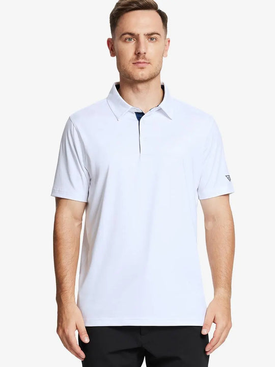 Front half-body view of male model in the White Everyday Classic Solid Polo, standing still