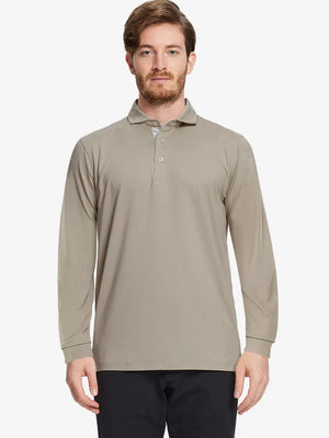 Front half-body view of model wearing DARK KHAKI Long Sleeve Solid Jersey Polo