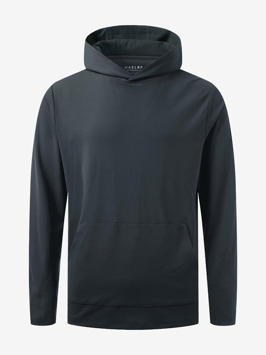 3D front view of the dry fit stretchy sweatshirts hoodie in dark grey, sleek and flexible design.
