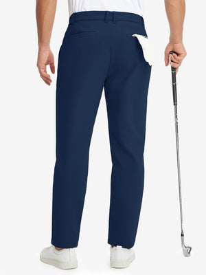 Model holding a golf club with one hand, back lower body shot wearing navy water-resistant stretch heat-tech winter trousers