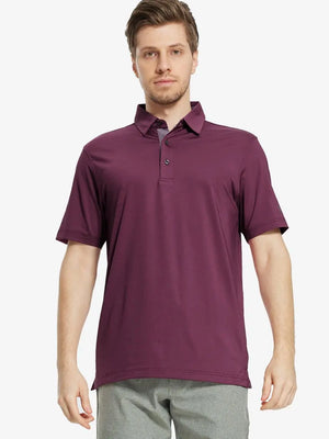 Front half-body view of male model in the Bordeaux Red Everyday Classic Solid Polo, standing still