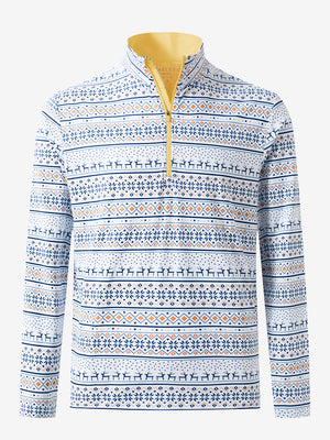 3D front view of the full print quarter zip pullover in christmas snowflake, showcasing bold and modern style.