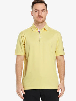 Front half-body view of male model in the Yellow Everyday Classic Solid Polo, standing still