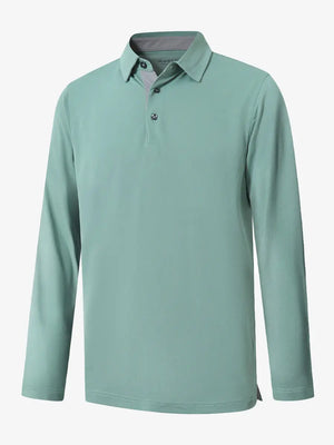 3D view of the beryl green long sleeve pique polo, showcasing its sleek design and zippered details.