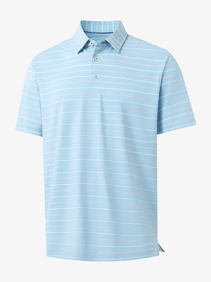 3D mockup of MISTY BLUE STRIPE Stylish Performance Golf Polo showing fabric design and silhouette