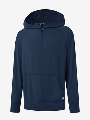 3D front view of the Quarter Zip Hoodie with Kangaroo Pocket in Cobalt Heather, athletic casual style.
