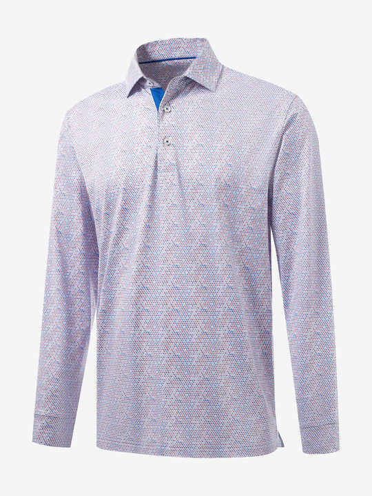 3D front view of the lightweight print long sleeve polo in colourful hexagon, modern and athletic design.