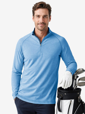 Model front upper body wearing presentation, dry fit athletic 1/4 zip sweatshirt in blue heather