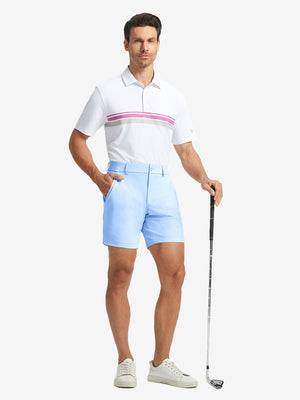 Full-body shot of model holding golf club, styled with Light Blue Quick Dry Casual Shorts.