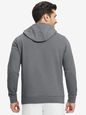 Back upper view of model in warm fleece golf hoodies pullover grey.
