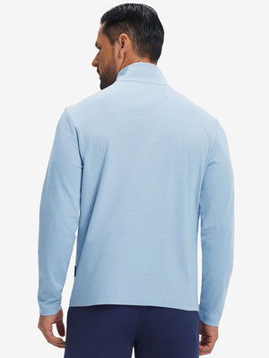 Back view showing fit of two tone pique cotton blend q-zip in light blue