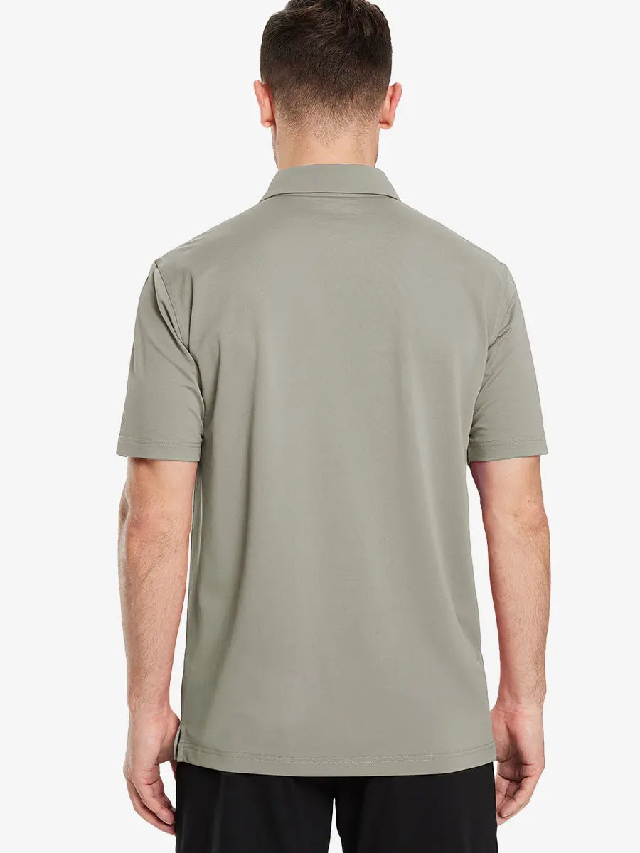 Back view half-body of model in DARK KHAKI Ventilated Pique Performance Polo