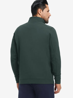Back upper-body view of water-resistant zip up golf jacket on model, shown in dark green.