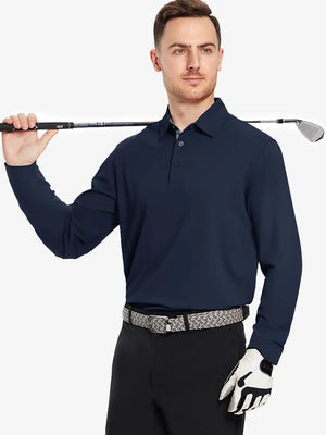 Model showcasing the navy long sleeve pique polo, holding a golf club, emphasizing its modern and sleek design