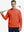 Model holding golf club, wearing dry fit stretchy sweatshirts hoodie in orange, sporty and casual.