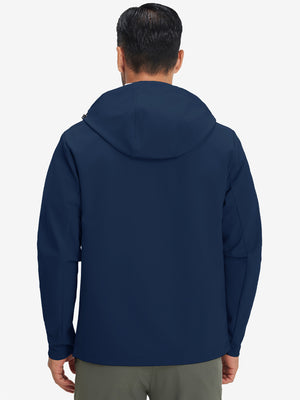 Back upper-body view of water-resistant heat-tech softshell winter jacket with hood in navy.