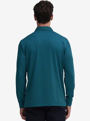 Back upper body of Long sleeve pinstripe jersey polo with subtle turquoise stripe lines