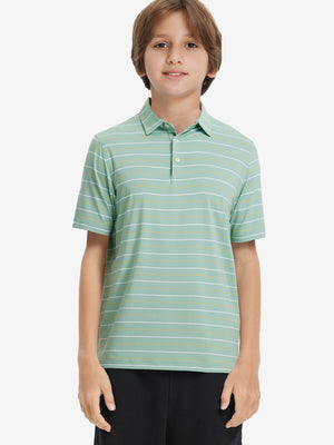 Front upper body of model wearing kids stylish stripe polo shirts, playful stripes with light green stripe detail