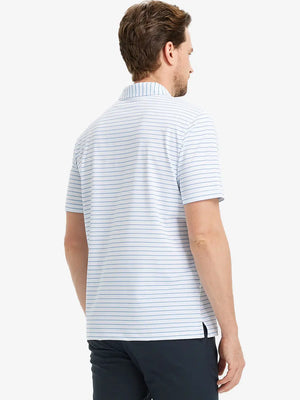 Rear half-body view of model in WHITE/LIGHT BLUE STRIPE golf-ready polo