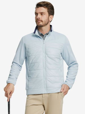 Model holding golf club, dressed in Golf Fleece Thermal Winter Jacket in Glacier Grey, sporty design.